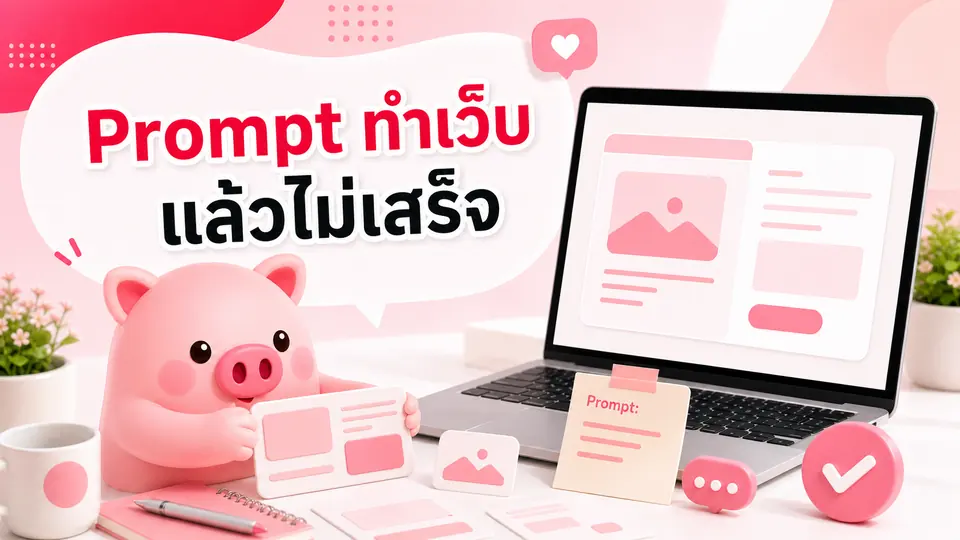 ภาพมาสคอต Piggy อธิบายเรื่อง Prompt ทำเว็บเองแล้วไม่เสร็จ ควรเริ่มแก้จากตรงไหน โดยไม่ต้องทิ้งงานทั้งหมด