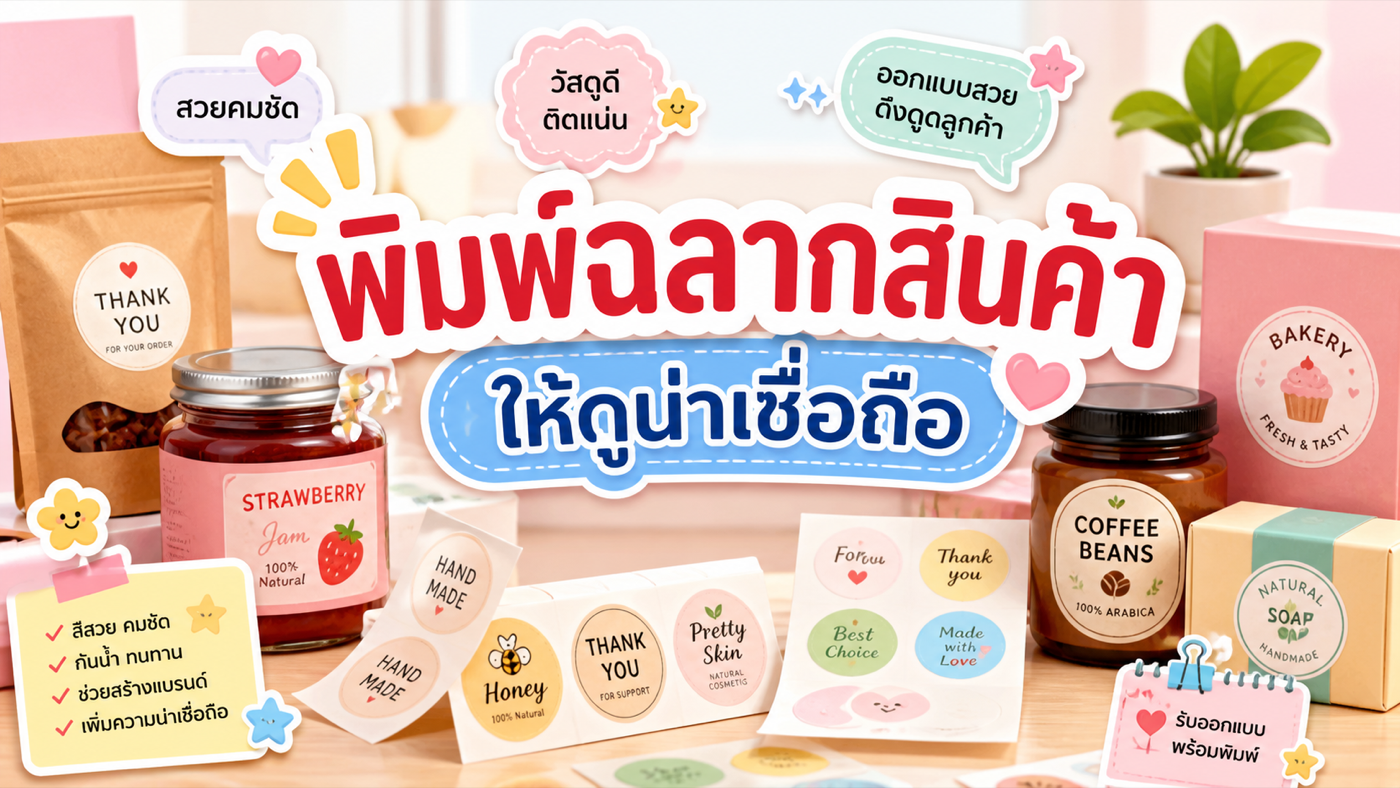 ภาพพิมพ์ฉลากสินค้าให้ดูน่าเชื่อถือพร้อมตัวอย่างฉลาก กล่อง และแพ็กเกจหลายแบบ