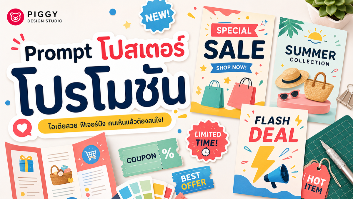 Prompt ออกแบบโปสเตอร์โปรโมชัน ใบปลิว และแบนเนอร์ขายของ